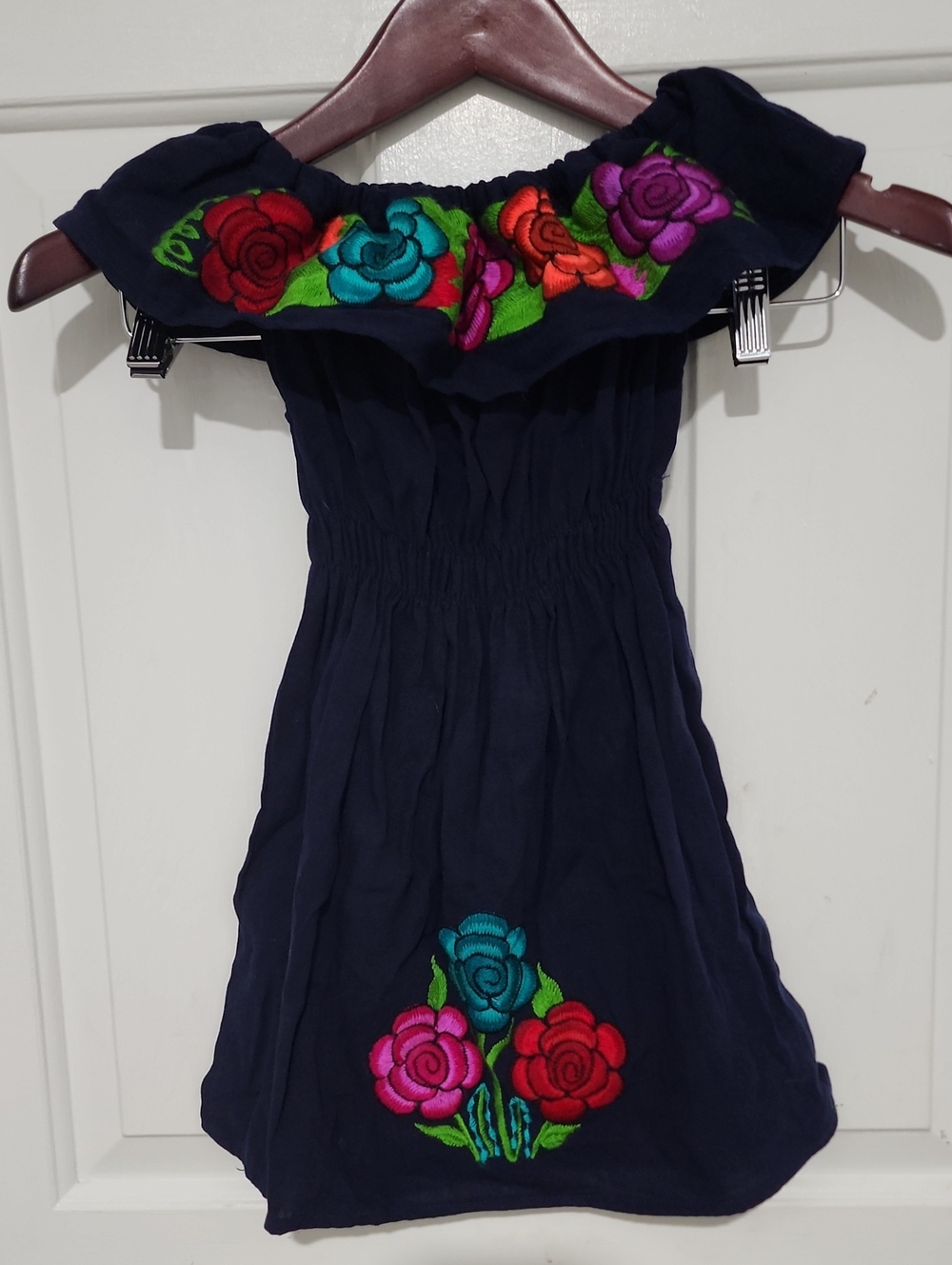 Navy Off-Shoulder Dress with Colorful Floral Embroidery